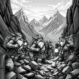 A captivating black and white illustration depicting dwarven exploration and prospection in the rugged mountains of the surface world
