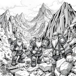 A captivating black and white illustration depicting dwarven exploration and prospection in the rugged mountains of the surface world