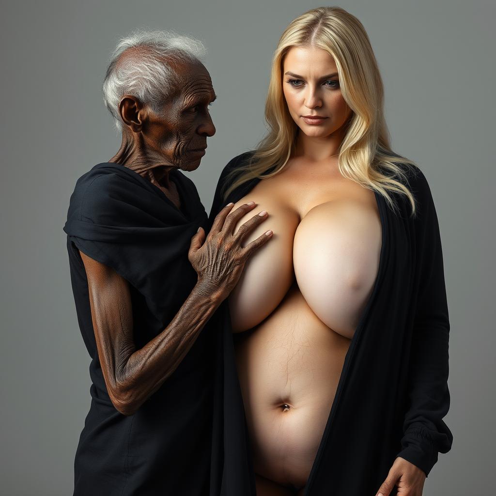 An elderly, emaciated African woman, appearing around 150 years old, dressed in a long, completely closed black garment