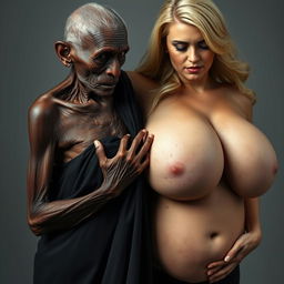 An elderly, emaciated African woman, appearing around 150 years old, dressed in a long, completely closed black garment