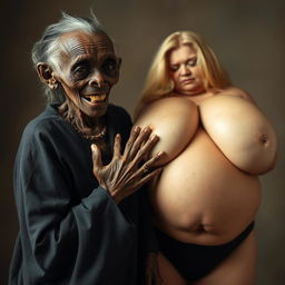 An elderly, emaciated African woman, appearing around 150 years old, showing decayed teeth and dressed in a long, completely closed black outfit