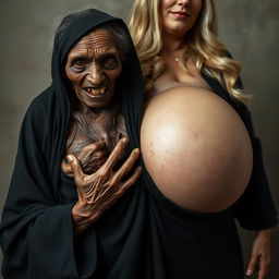 An elderly, emaciated African woman, appearing around 150 years old, showing decayed teeth and dressed in a long, completely closed black outfit