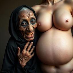 An elderly, emaciated African woman, appearing around 150 years old, displaying decayed teeth and dressed in a long, fully closed black outfit