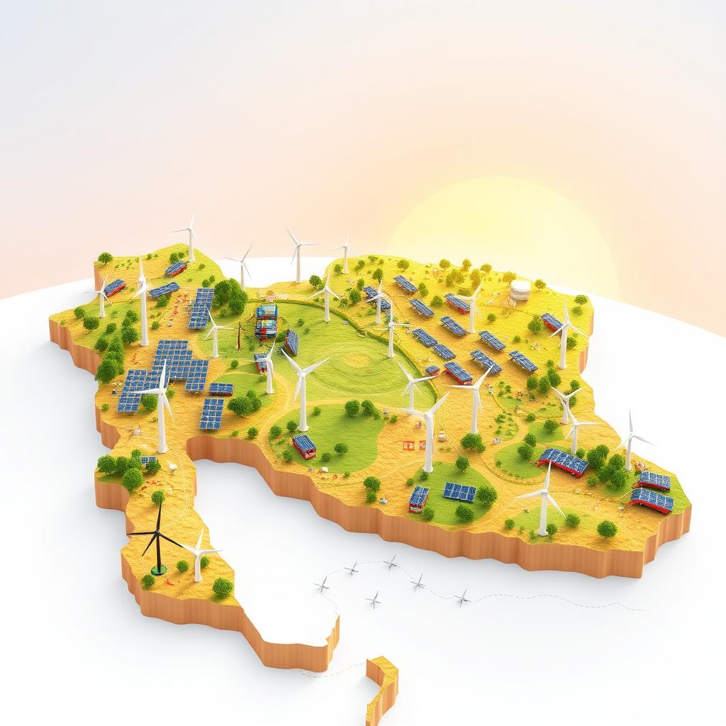 A vibrant and detailed 3D map of Iran, highlighting it as a leader in renewable energy