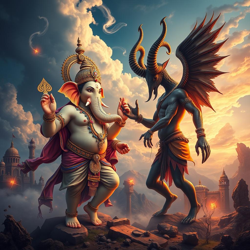 An epic clash between Ganesha, the Hindu god with an elephant head and a human body, adorned with vibrant colors, intricate jewelry, and a peaceful expression, standing majestically against Baphomet, a horned figure representing duality, with a goat head, wings, and an enigmatic aura