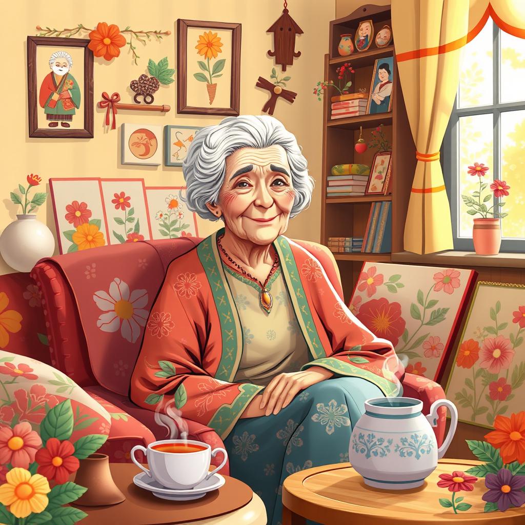 An illustrated portrait of an elderly woman, exuding warmth and wisdom, sitting in a cozy, colorful living room filled with handmade crafts and family pictures