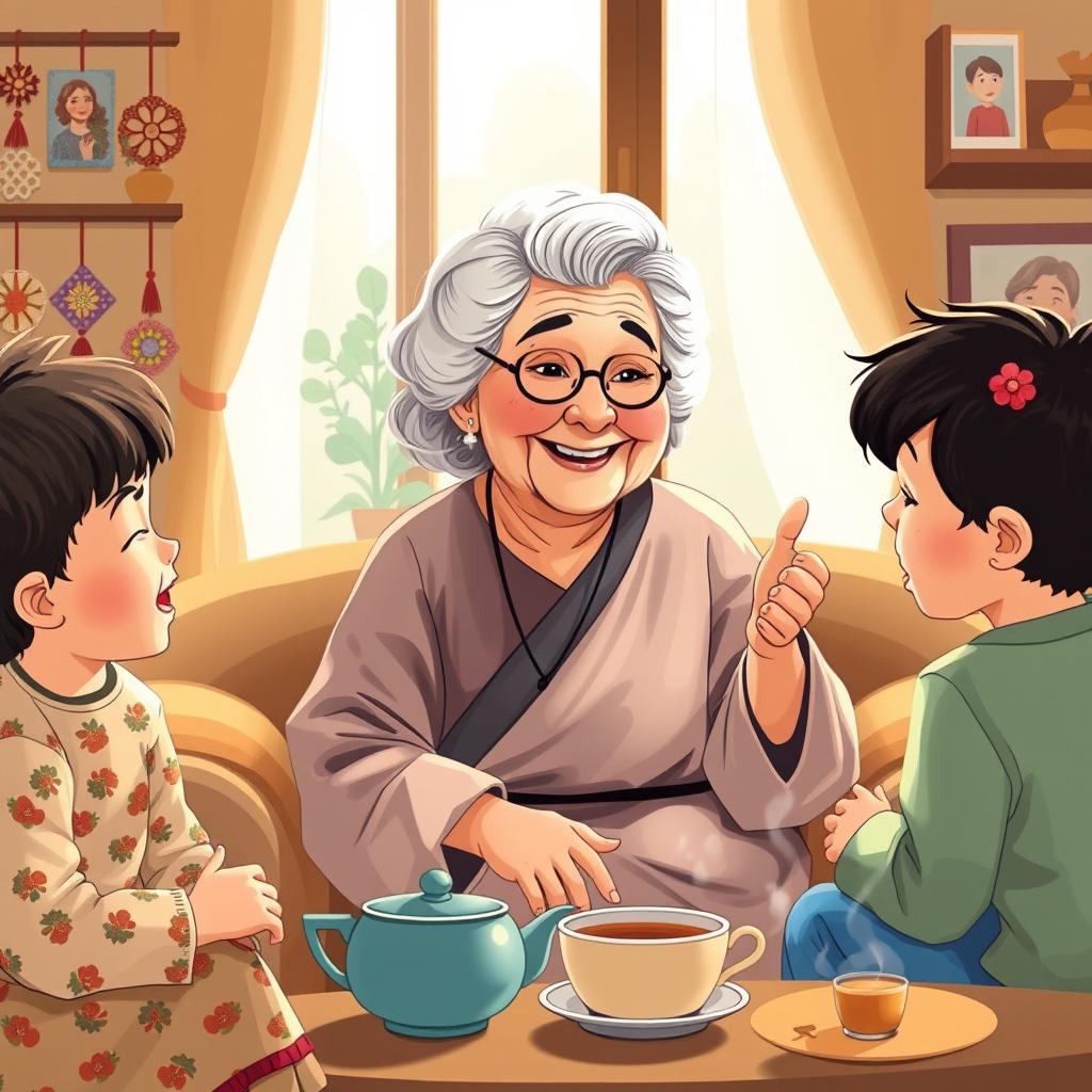 An illustrated scene of an elderly woman, embodying a caring grandmother figure, giving heartfelt advice to her attentive grandchildren