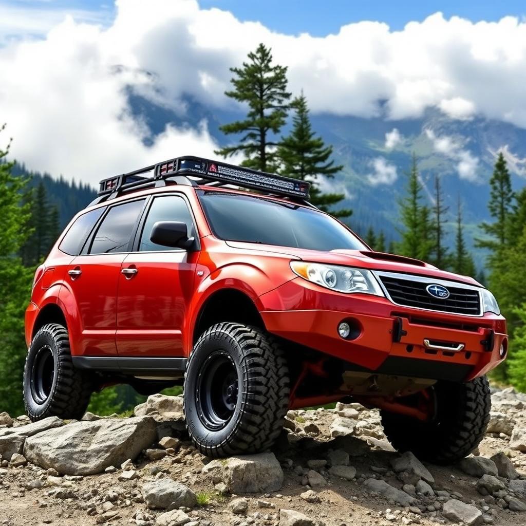A modified 2010 Subaru Forester designed for off-road adventures, featuring rugged off-road tires, a lifted suspension system, and a custom skid plate