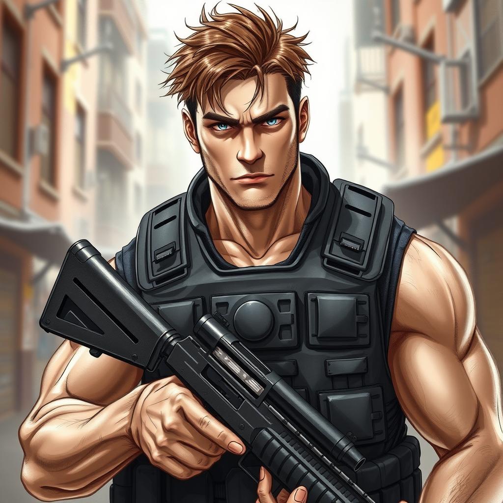 A detailed and realistic drawing of a tough white male character clad in a bulletproof SWAT vest, showcasing a rugged and prepared appearance
