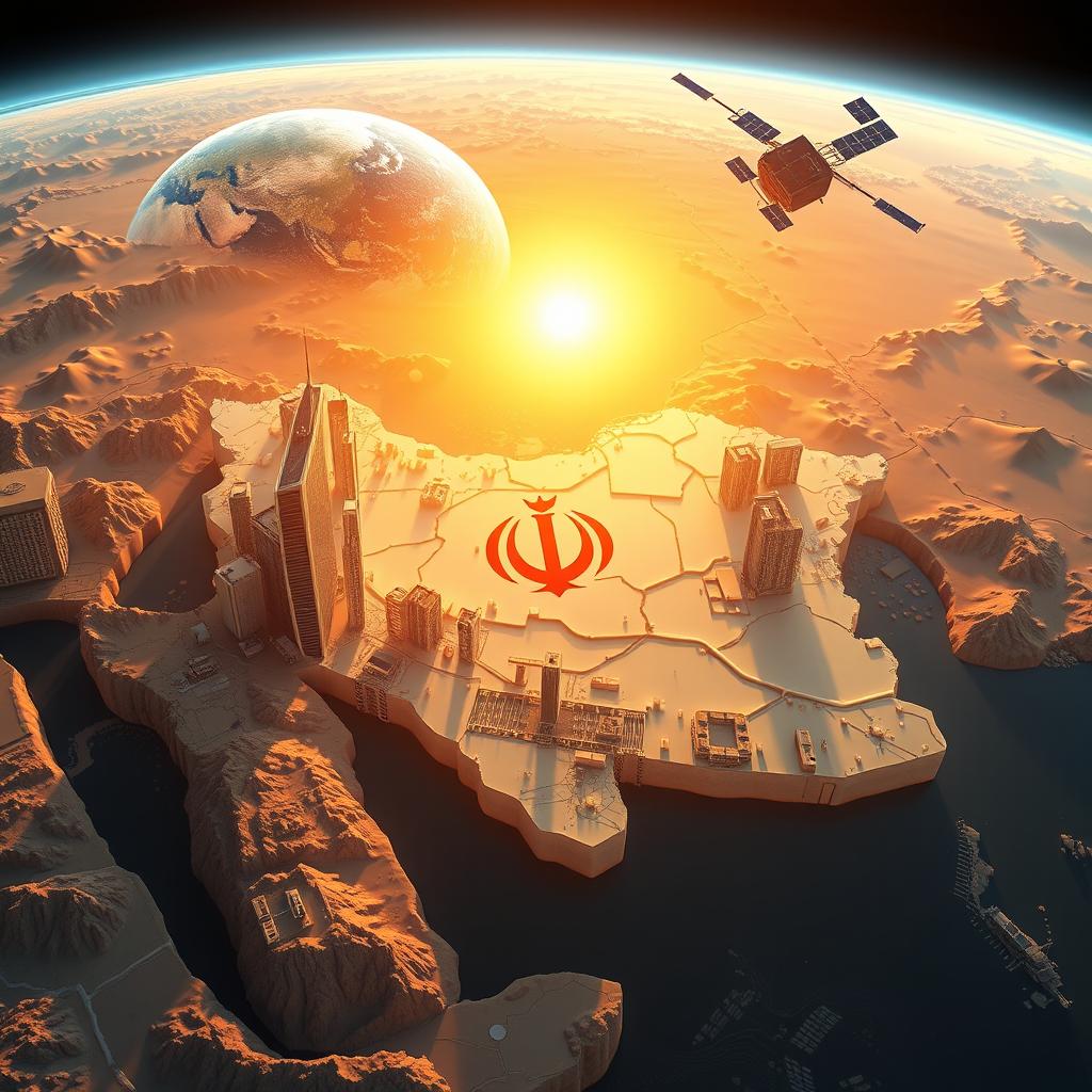 A stunning three-dimensional map of Iran, showcasing its precise borders, mountains, plains, and seas, bathed in the warm glow of a sunrise from the east, symbolizing hope and new beginnings
