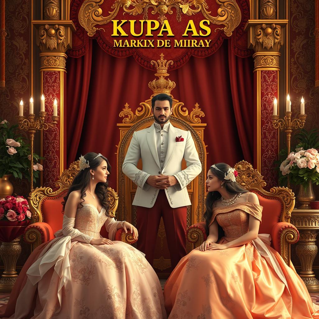 In a beautifully decorated room, a king and queen are seated on a majestic throne