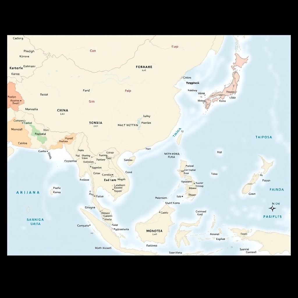 A detailed political map of East Asia and the Pacific region, showcasing the countries and territories of East Asia such as China, Japan, South Korea, North Korea, Mongolia, and Taiwan