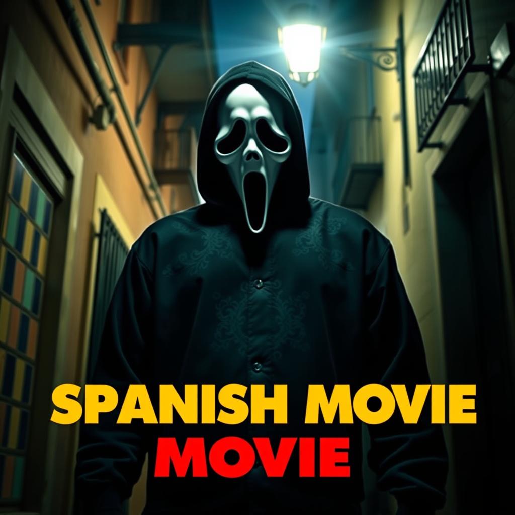 A movie poster for "Spanish Movie" featuring the main character wearing the iconic Ghostface mask from the Scream franchise