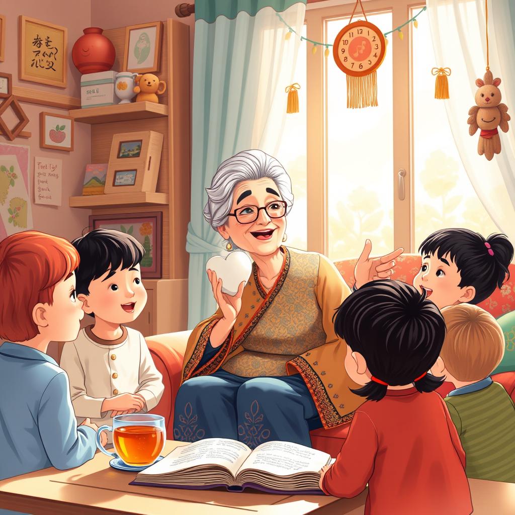 An illustrated scene featuring an elderly woman, representing a wise grandmother ( ننه جون ), passionately giving advice to her attentive grandchildren