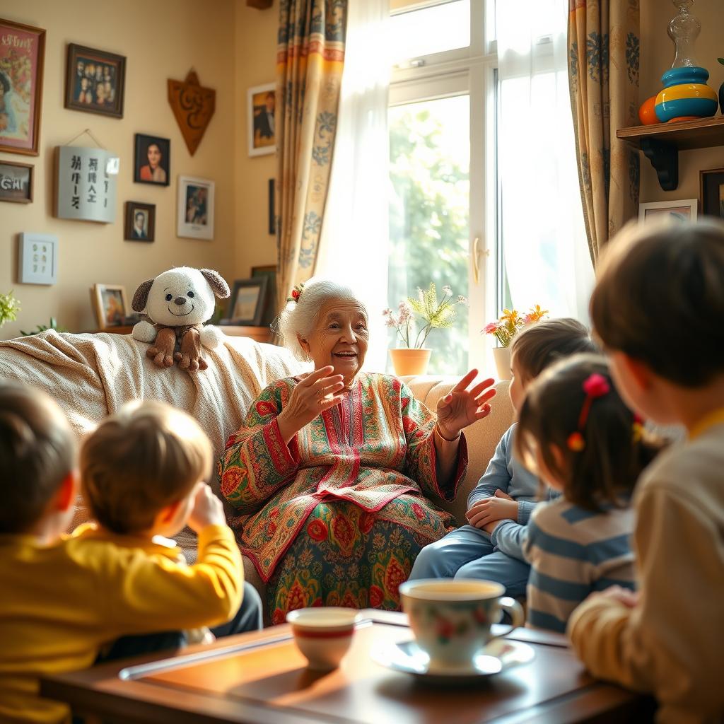 A heartwarming scene featuring an elderly woman, representing ننه جون, deeply engrossed in giving advice to her attentive grandchildren