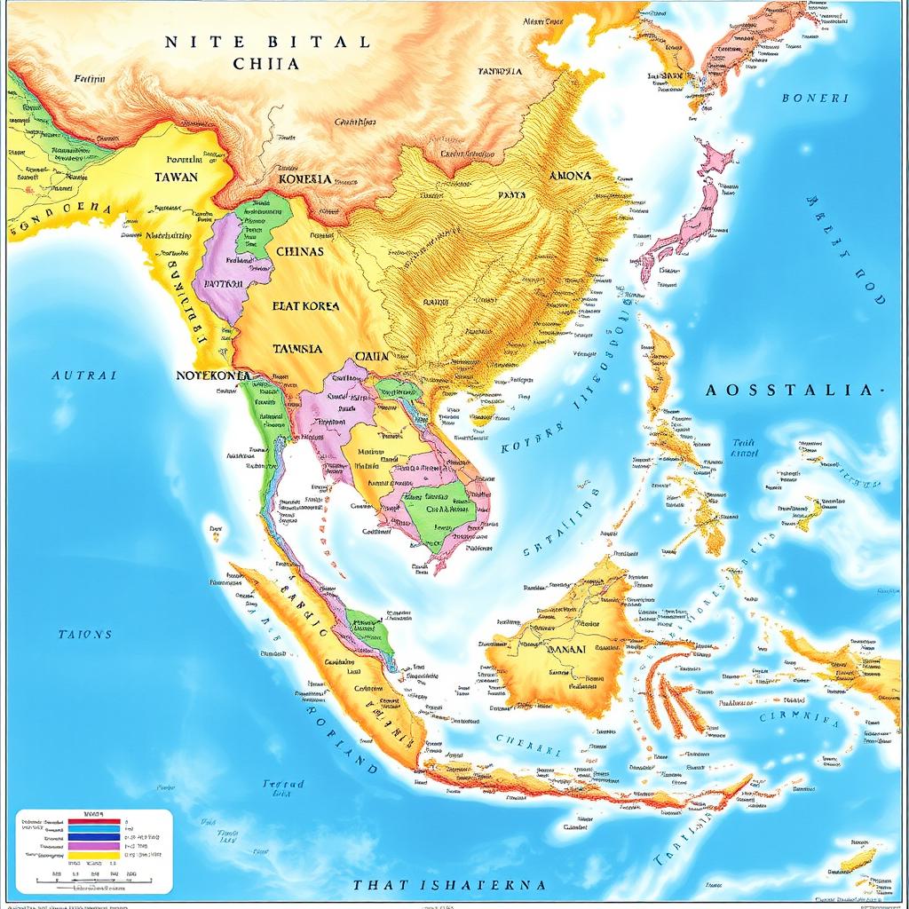 A highly detailed political map of East Asia and Oceania, prominently featuring countries such as China, Japan, South Korea, North Korea, Taiwan, Mongolia, Australia, New Zealand, and the Pacific island nations