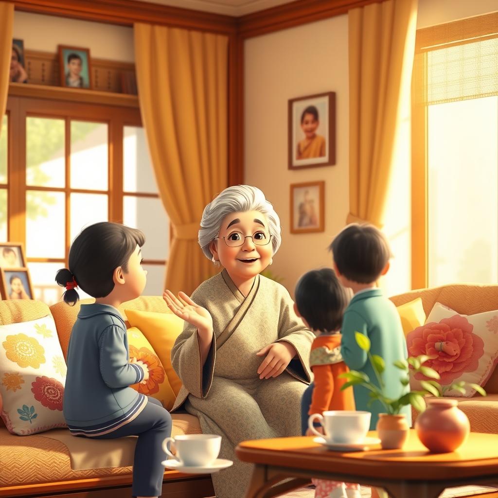 An endearing scene featuring an elderly grandmother character (ننه جون) engaged in a heartfelt conversation, giving wise advice to her curious grandchildren