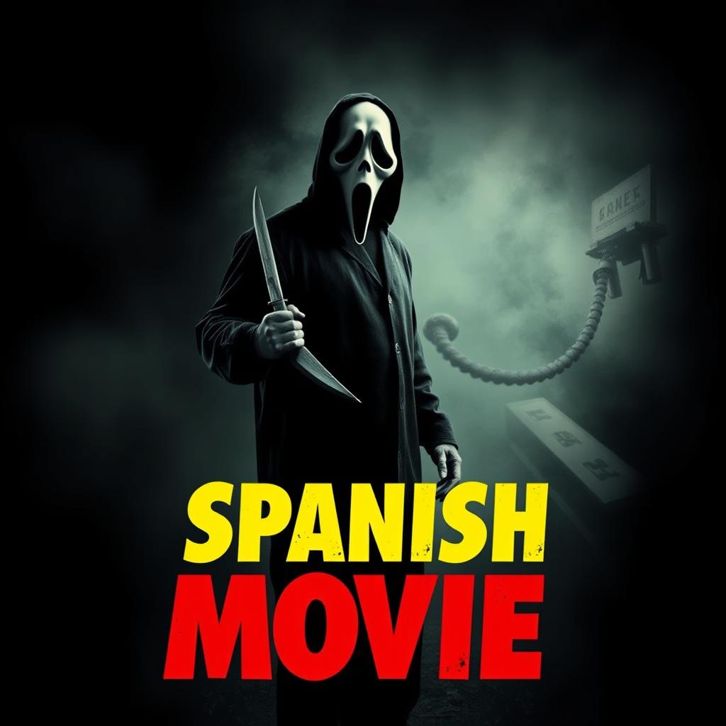 A dynamic and chilling movie poster for a fictional film titled "Spanish Movie" featuring the main antagonist wearing a Ghostface mask reminiscent of the Scream franchise