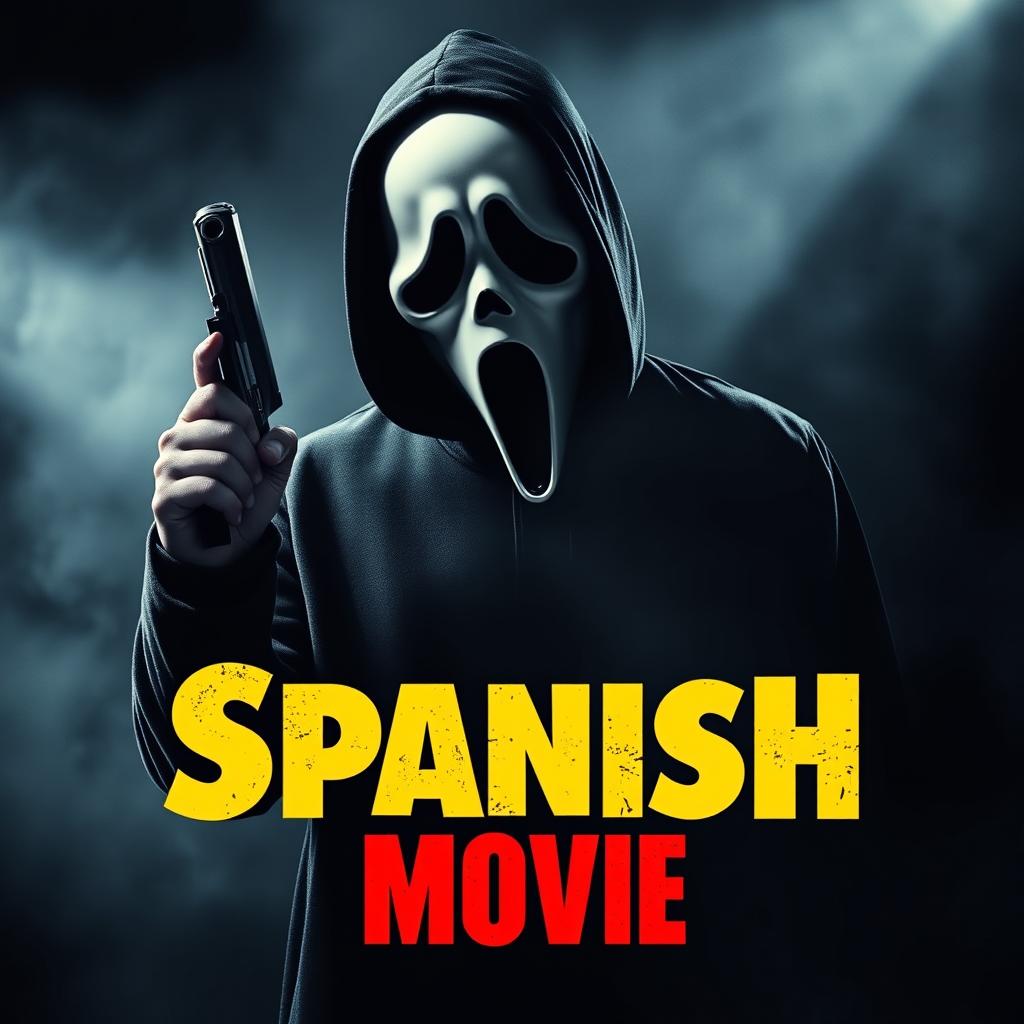 A movie poster for a film titled 'Spanish Movie', featuring a menacing character resembling the 'Scream' villain wearing a Ghostface mask