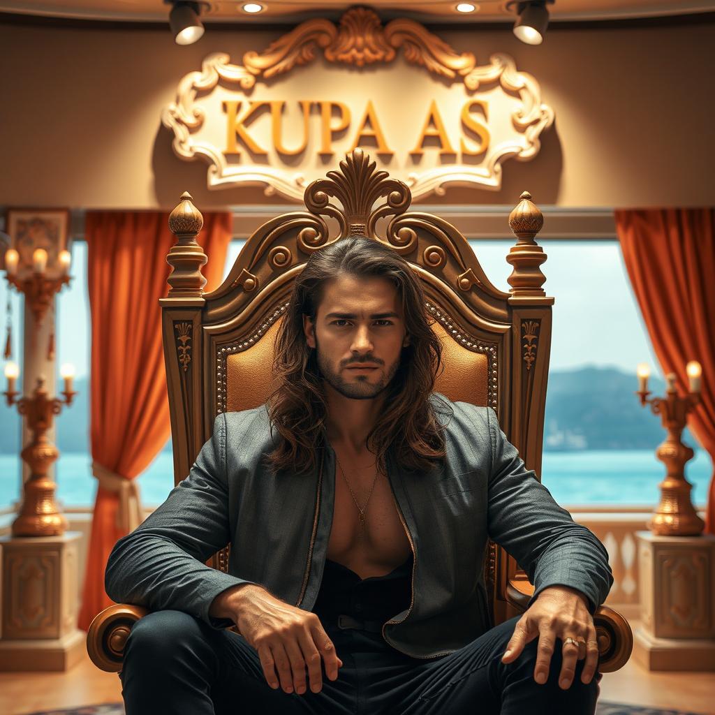 A handsome man with long hair sitting on a royal throne in a beautifully decorated room