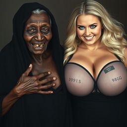 An elderly African woman with visible signs of malnutrition, showing decayed teeth, dressed in a long, completely closed black garment