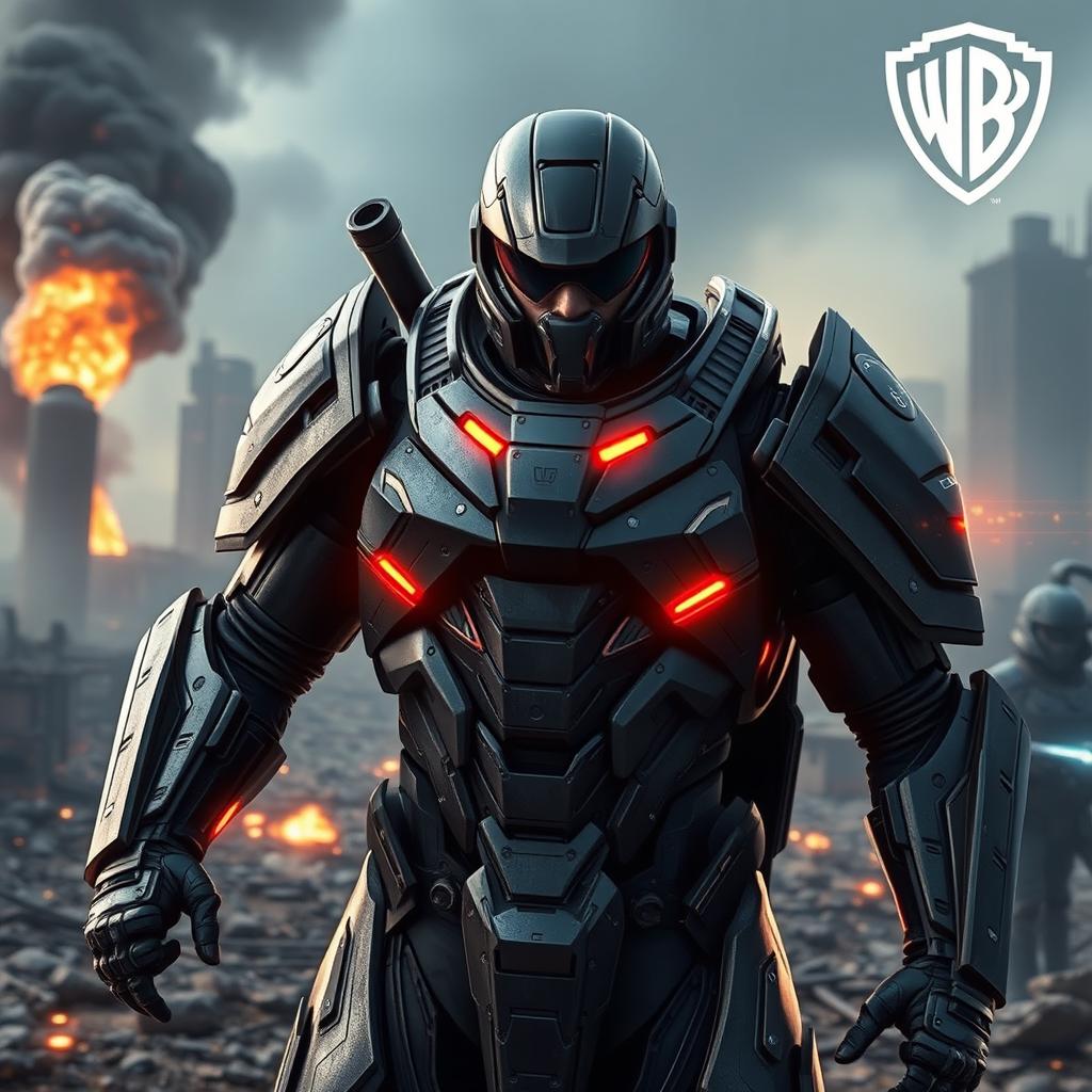 A futuristic soldier in high-tech solid armor, standing bravely on a battlefield