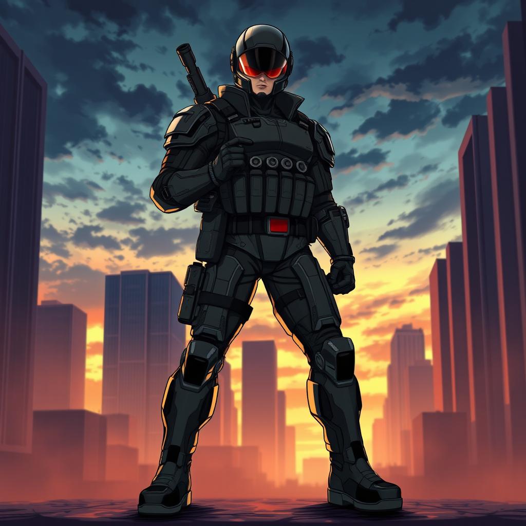 A dynamic illustration inspired by 'Soldier Gear Solid 2: The Last True' featuring a hero character clad in sleek, tactical military gear, complete with a high-tech helmet and visor reflecting light