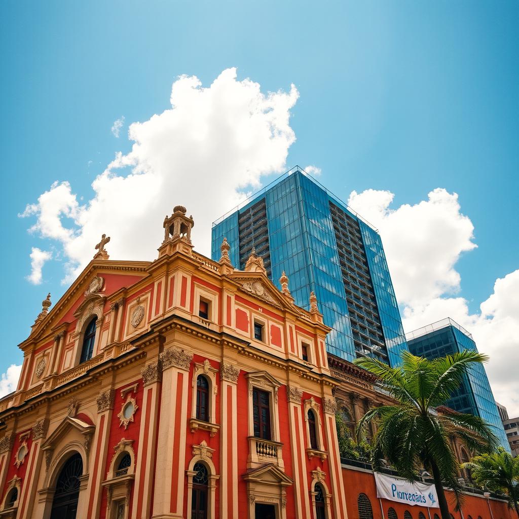 A beautiful historical building façade from Goiânia, showcasing its architectural style with intricate details and vibrant colors, representing the city's rich cultural heritage