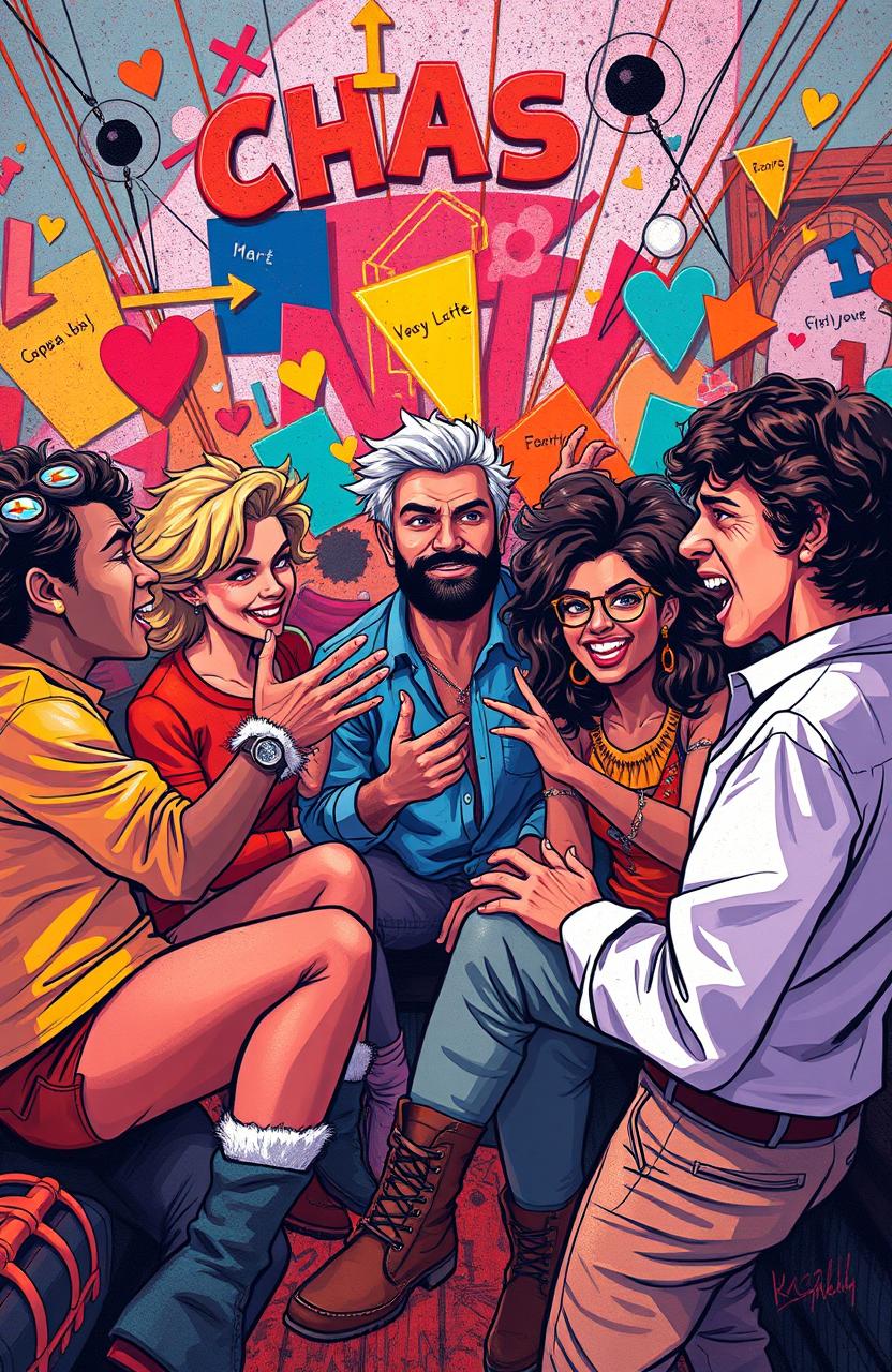 A vibrant and dynamic artistic representation of a group of individuals in a lively setting, embodying chaos and creativity