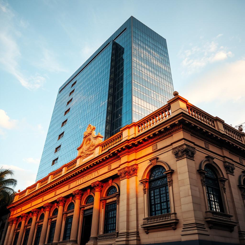 A historical heritage facade from Goiânia with intricate architectural details, showcasing its vintage charm such as ornate columns and classic windows