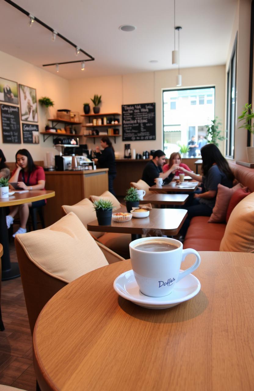 A cozy coffee shop setting with wooden tables and soft seating, warm ambient lighting, and decorative plants
