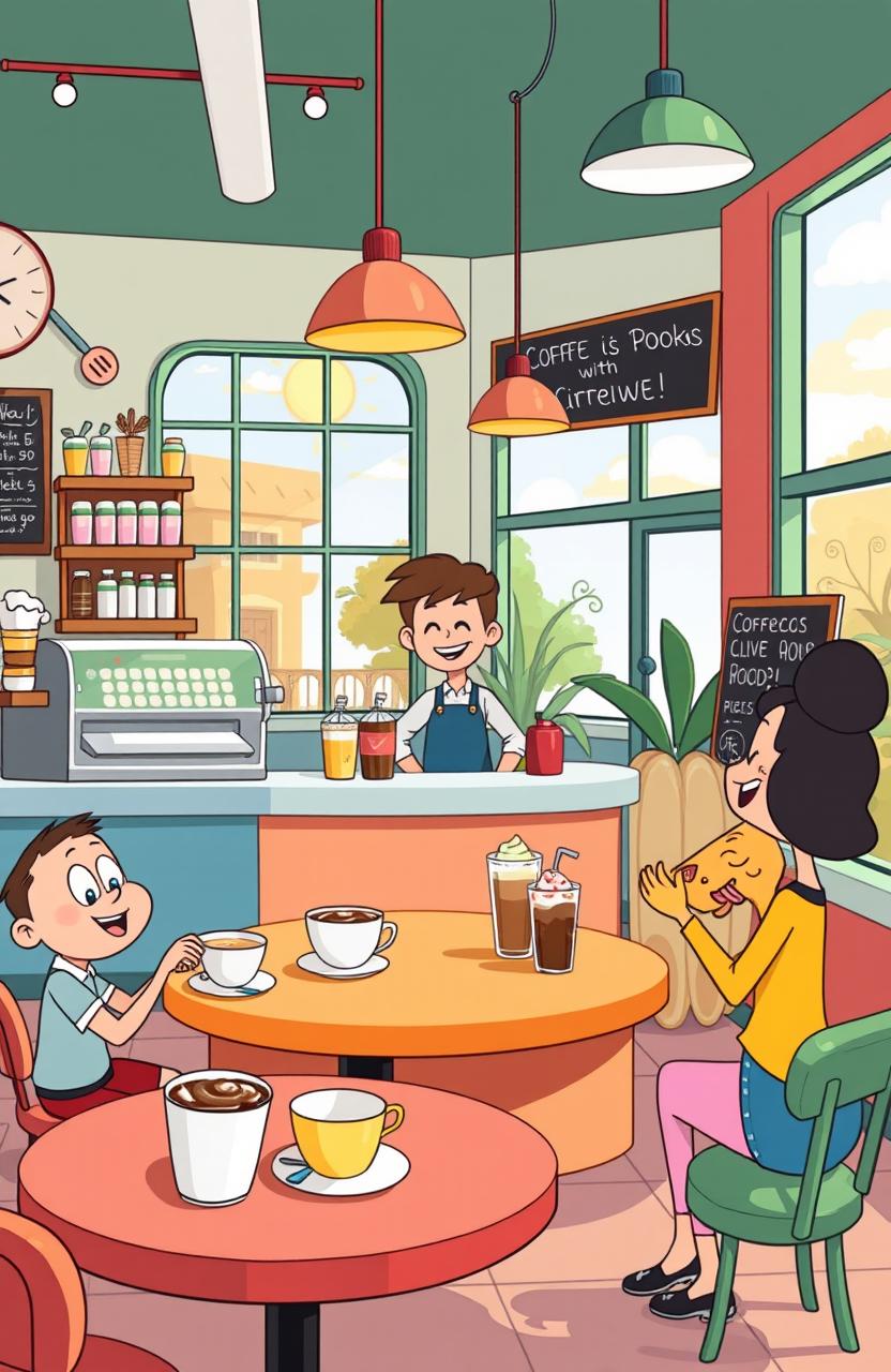 A whimsical, cartoon-style coffee shop scene, featuring a colorful coffee counter with a barista cheerfully serving coffee