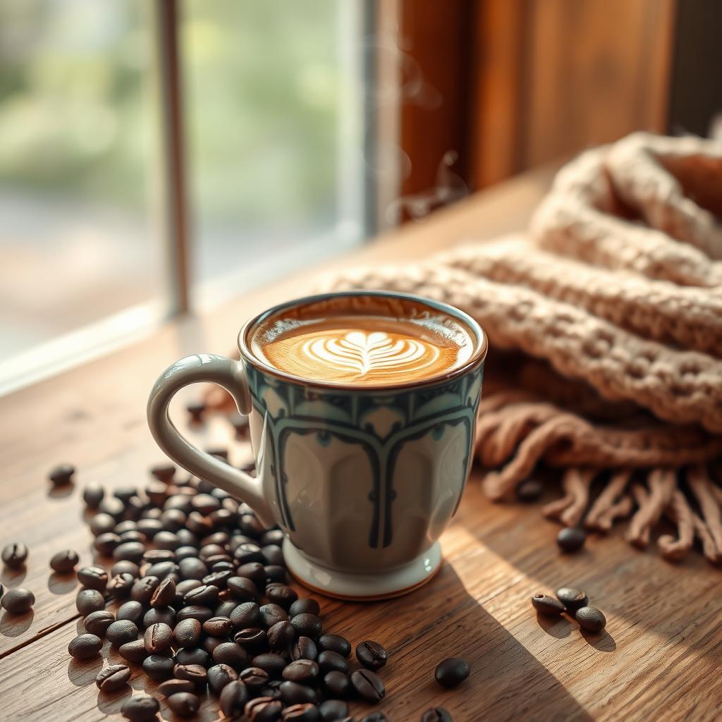 A beautifully crafted ceramic cup filled with steaming hot coffee, with delicate latte art on top
