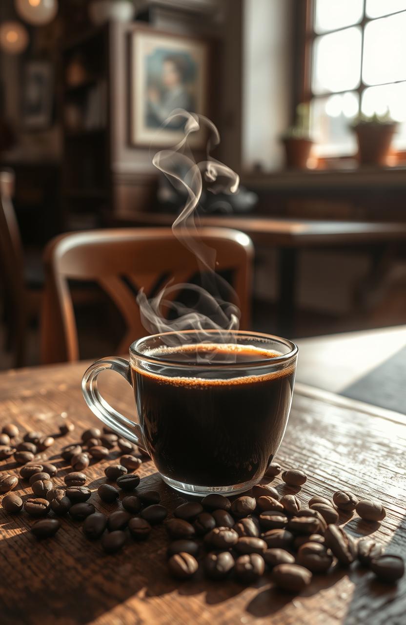 A steaming cup of rich, dark coffee sitting on a rustic wooden table, with coffee beans scattered around