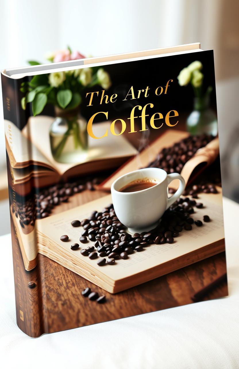 A beautifully designed coffee table book cover featuring an elegantly arranged coffee setup