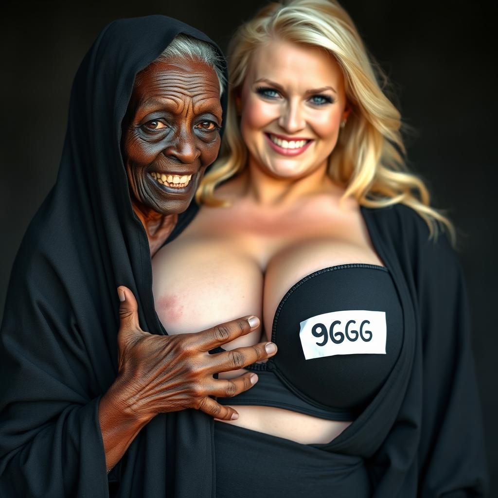 An elderly African woman, showcasing signs of malnutrition and having decayed teeth, dressed in a long, entirely closed black outfit