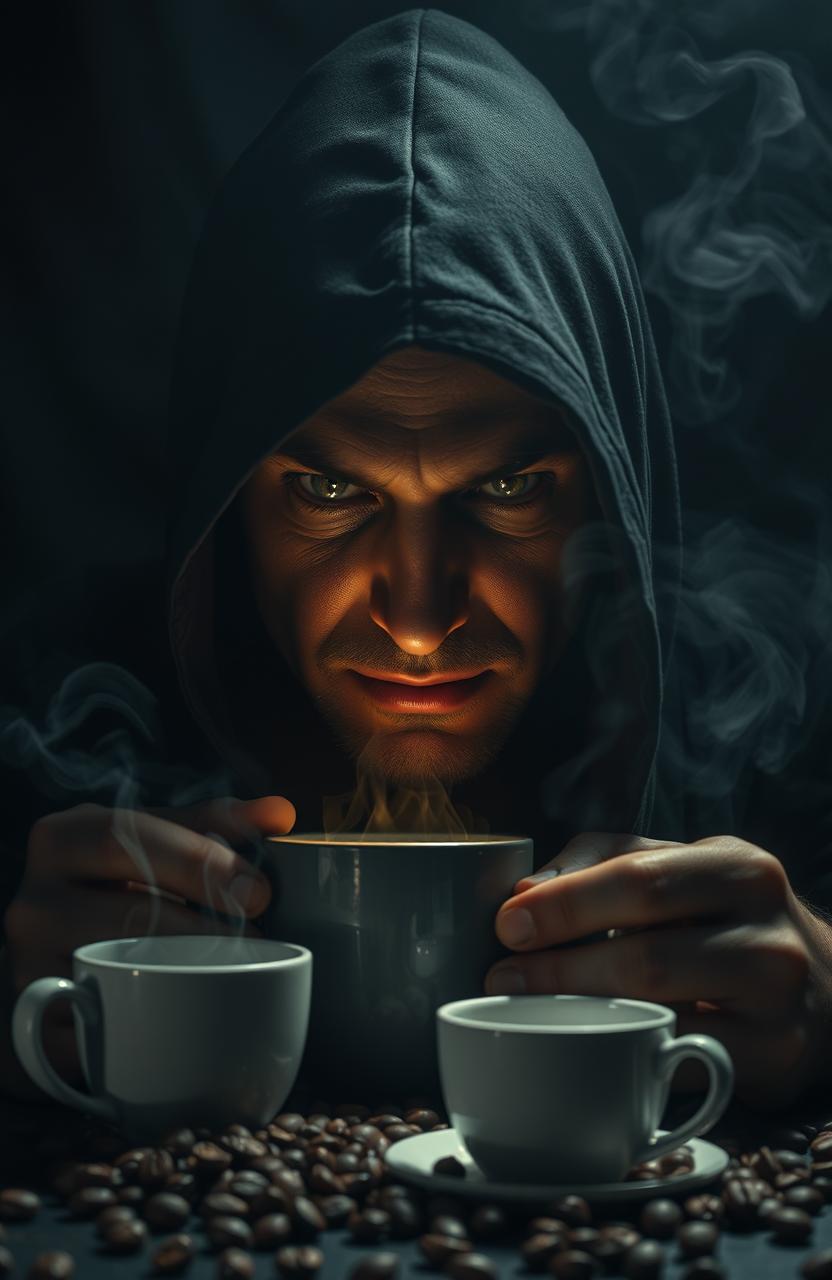 A dramatic scene depicting a powerful and mysterious figure known as the 'Coffee Killer'