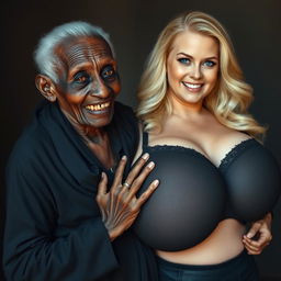 An elderly African woman, appearing malnourished and showcasing decayed teeth, dressed in a long, fully closed black outfit