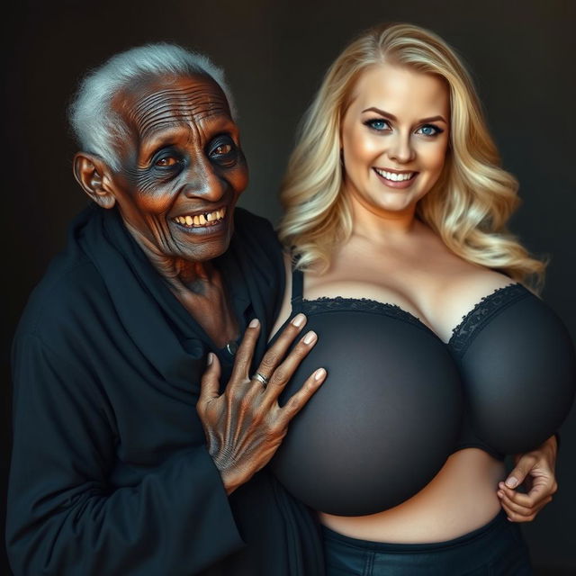 An elderly African woman, appearing malnourished and showcasing decayed teeth, dressed in a long, fully closed black outfit