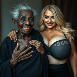 An elderly African woman, appearing malnourished and showcasing decayed teeth, dressed in a long, fully closed black outfit