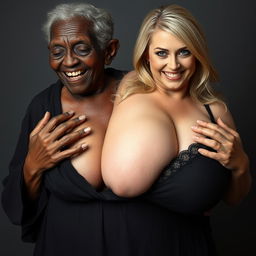 An elderly African woman, appearing malnourished and showcasing decayed teeth, dressed in a long, fully closed black outfit