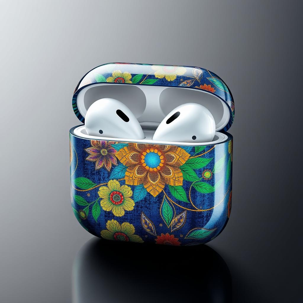 Artistic design of an AirPods case, featuring vibrant colors and intricate patterns inspired by nature and abstract art