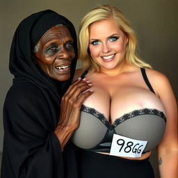 An elderly African woman, appearing malnourished and showing decayed teeth, dressed in a long, fully closed black garment