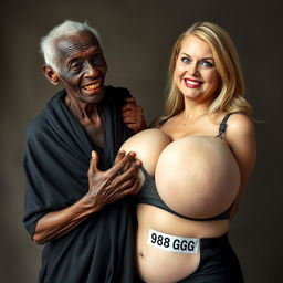 An elderly African woman, appearing malnourished and displaying decayed teeth, dressed in a long, fully closed black garment