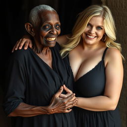 An elderly African woman, looking malnourished with decayed teeth, wearing a long, fully covered black dress