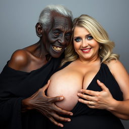An elderly African woman, looking malnourished with decayed teeth, wearing a long, fully covered black dress