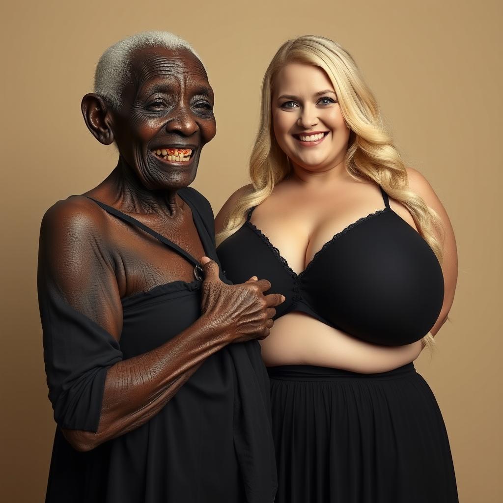 An elderly African woman, looking malnourished with decayed teeth, wearing a long, fully covered black dress