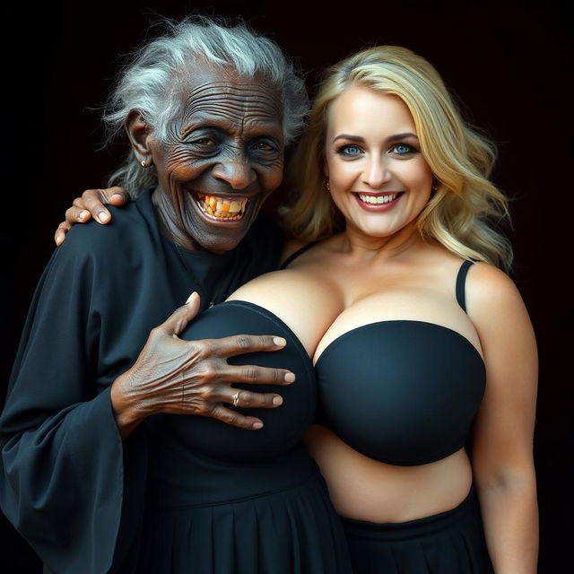 An elderly African woman, looking malnourished with decayed teeth, clad in a long, fully closed black dress