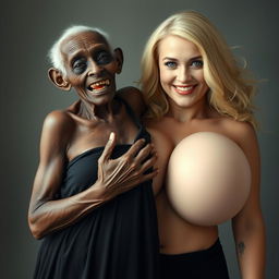 An elderly African woman, showing signs of malnutrition with decayed teeth, wearing a long, completely closed black dress