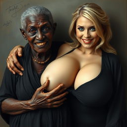 An elderly African woman, appearing malnourished with decayed teeth, dressed in a long, fully black outfit